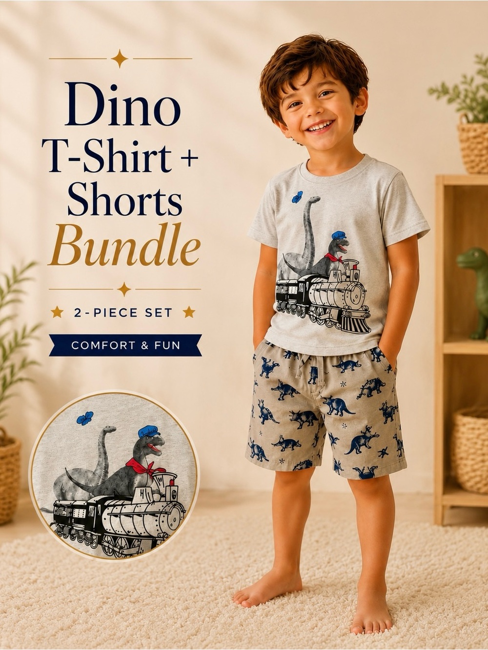 Old Navy Boys Dino 2-Piece Outfit Set 3T Dinosaur Train Tee & Dinosaur Shorts